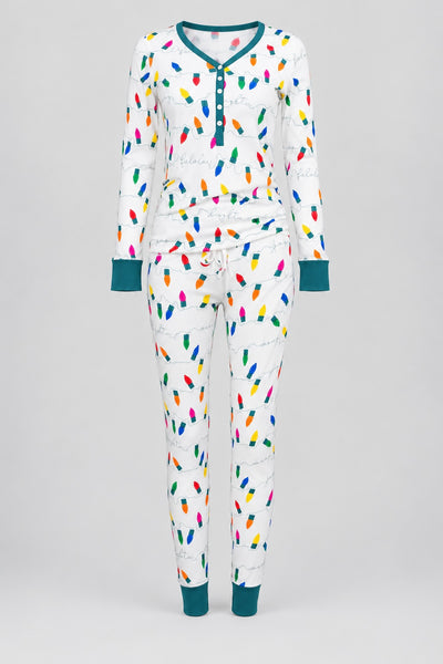 Women's Jogger & Henley Pajama Set - Holiday Lights