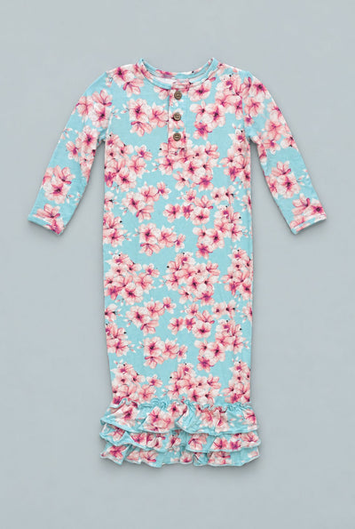 Pretty Pink Floral Ruffle Baby Gown - Cherry Blossoms