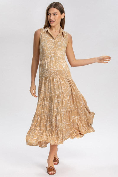 CLARA QD51 Sleeveless Printed Maxi Maternity Dress - Sand Fine Lines