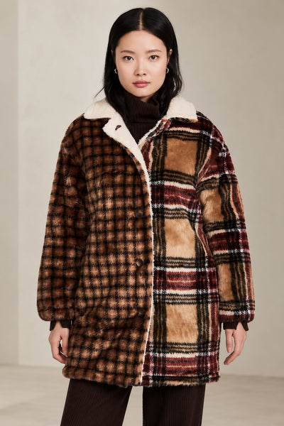 Faux Fur Contrast Plaid Coat - Brown/Camel