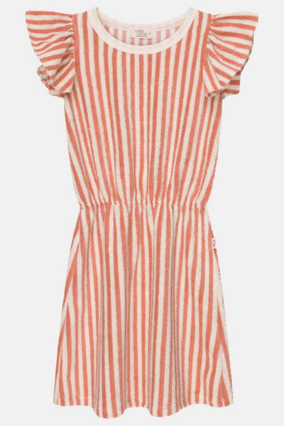 Toweling stripe ruffle dress - Coral