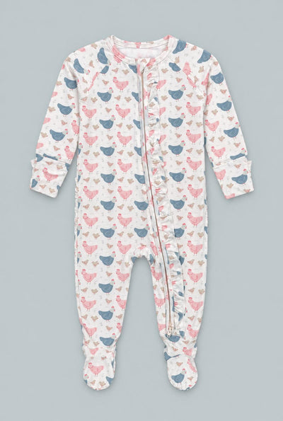 Pink Farm Hens Bamboo Ruffle Footie - Happy Hens