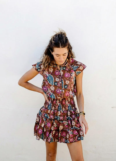 Jenny Cotton Mini Dress - Chocolate Floral