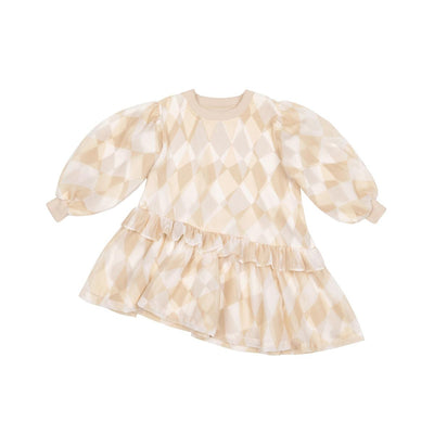 Girls Hi-Low Organza & Terry Dress - Beige