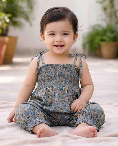 Printed Smocked Jumpsuit - Blue Floral