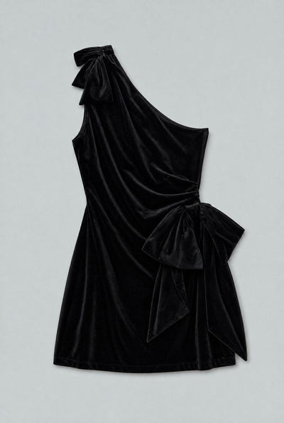 One Shoulder Bow Mini Dress - Black