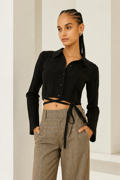 Waist Tie Button Up Sweater - Black