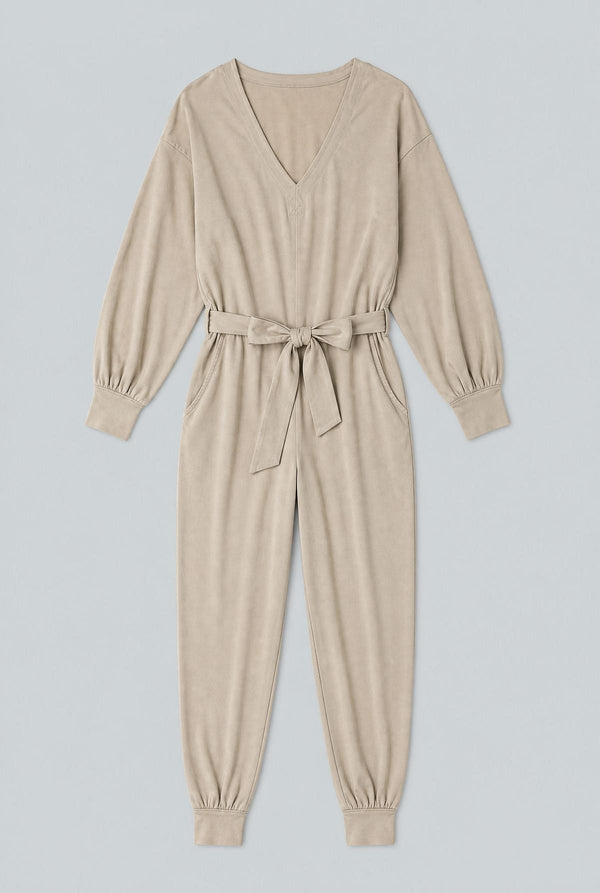 V- Neck Long Sleeve Jumpsuit - Ivory