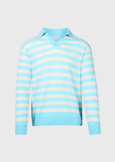 100% Cash Stripe Johnny Collar Pullover - Blue