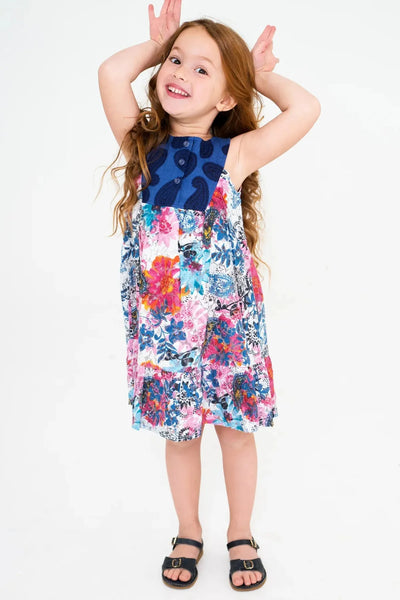 Cotton Woven Girls Dress - Royal Blue Multicolor