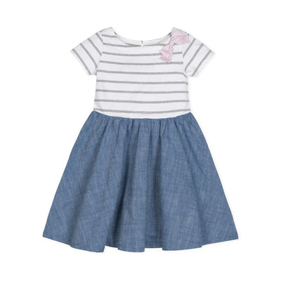 Baby Short Sleeve Organic Knit Skater Dress - White and Gray Stripe