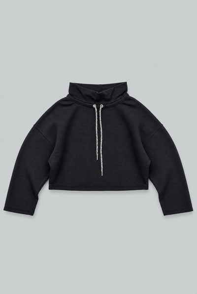 Funnel Neck Sweatshirt With Drawstring - Black