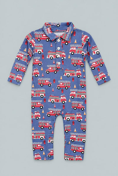 Blue Fire Truck Long-Sleeve Polo Romper - Cameron