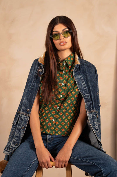 'The Michelle' Hand Printed Short Sleeve Shirt - Green And Gold Motif Print