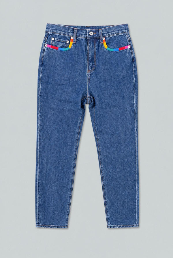 Embroidered Straight Leg Denim - Medium Blue
