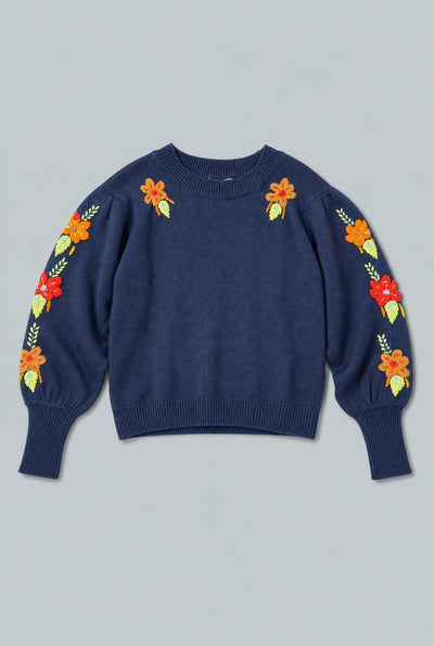 Embroidered Crew Neck Sweater - Navy