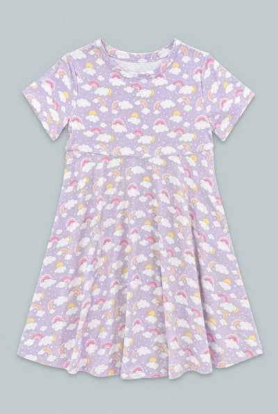 Lavender Rainbows And Clouds Cap Sleeve Swirly Girl Dress - Rainbow Clouds