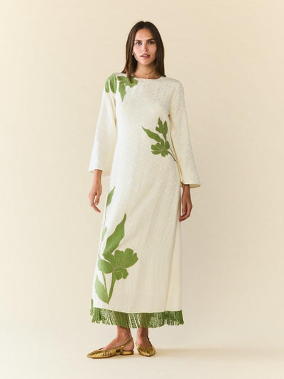 Ariana Dress - Ivory With Green Applique