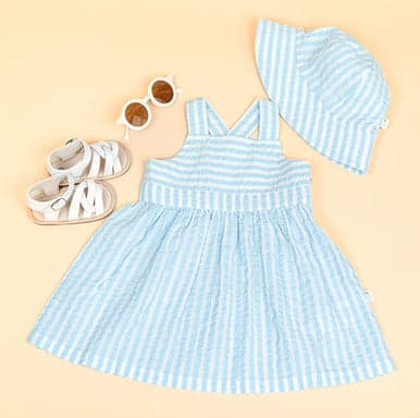 Sky Stripes Dress + Cap - Sky Blue