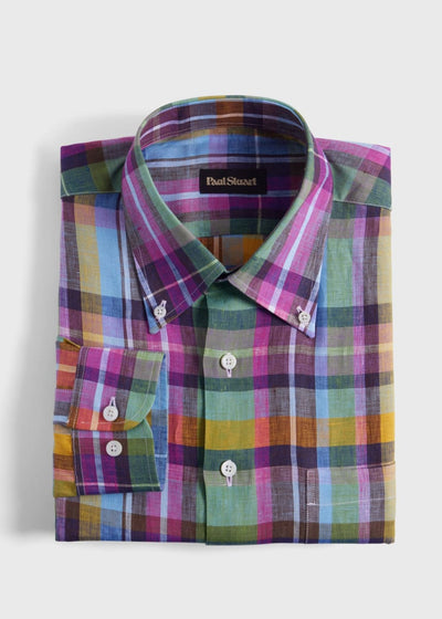 Linen Multicolor Plaid Sport Shirt - Green/Pink