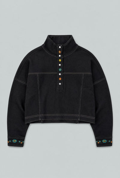 Embroidered Henley Sweatshirt - Black