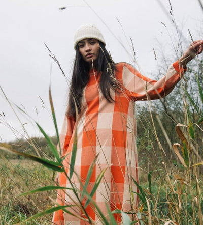 Miki-Cay Organic Cotton Knitted Check Dress - Brick and Sand - Dresses