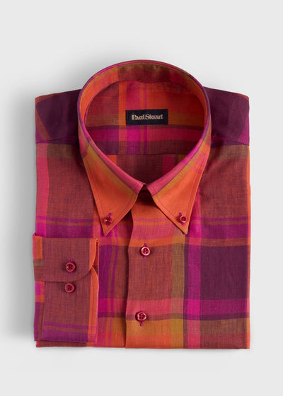 Linen Plaid Sport Shirt - Red - Collared Shirt