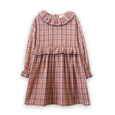 Girls' Ruffle Collar Long Sleeve Dress - Red And Blue Check