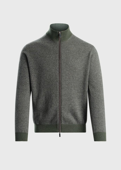 Cashmere Melange Fullzip Suede Trim Cardigan - Sage