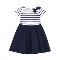 Short Sleeve Organic Knit Skater Dress - White and Navy Stripe