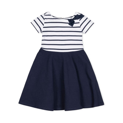 Short Sleeve Organic Knit Skater Dress - White and Navy Stripe