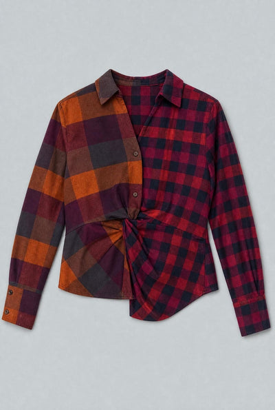 Plaid Twist Front Button Up - Orange Combo