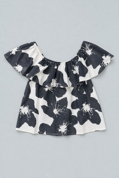 Floral Ruffle Top - Black/White