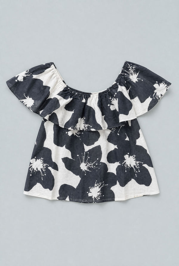 Floral Ruffle Top - Black/White