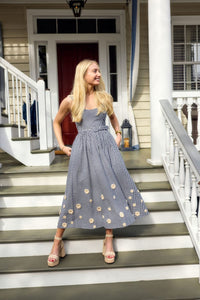 Katherine Dress x Rainey Collaboration - Navy Gingham with Cream Crochet Appliqué