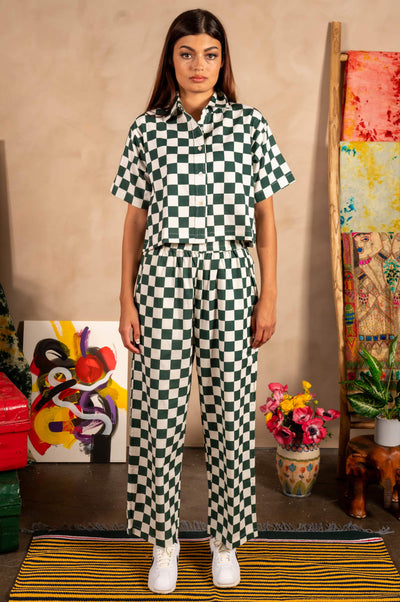 Hand Printed 'Seema' Pants - Green And White Chessboard