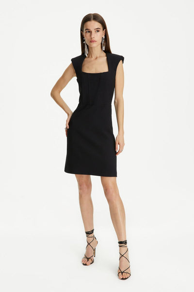 Shoulder Pad Square Neck Dress - Black