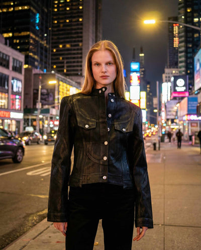 Pure Cotton Shiny Coated Women Denim Jacket - Black - Jacket