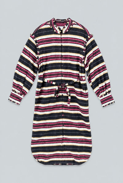 Belted Striped Button Up Dress - Black Combo