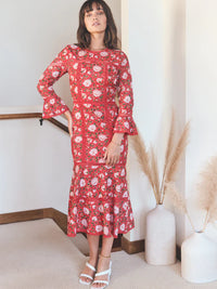 Tina Fluted Pencil Dress - Scarlet/Ivory Rose Floral print