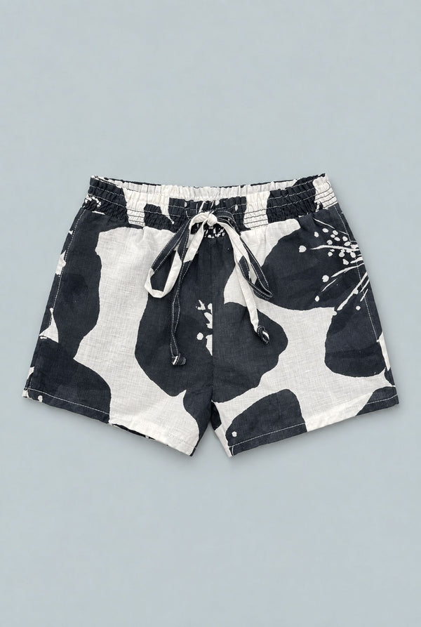 Kids Floral Drawstring Shorts - Black/White