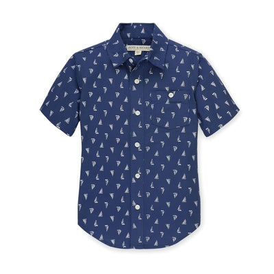 Baby Seersucker Short Sleeve Button Down Shirt - Blue Sailboats Seersucker - 3-6 Months - Button Down Shirt