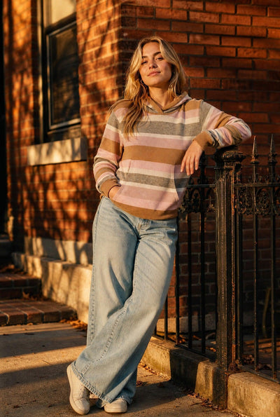 Striped Cashmere Blend Hoodie - Camel Combo