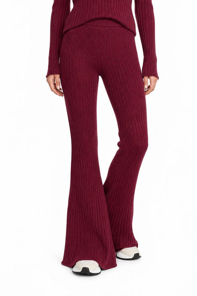 Ribbed Knitted Flare Pants - Burgundy