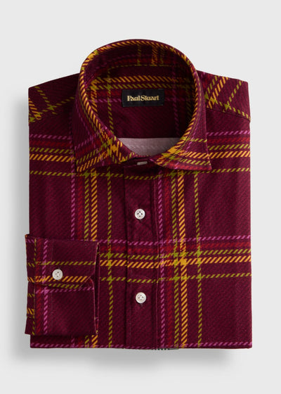 Printed Plaid Flannel Shirt - Burgundy
