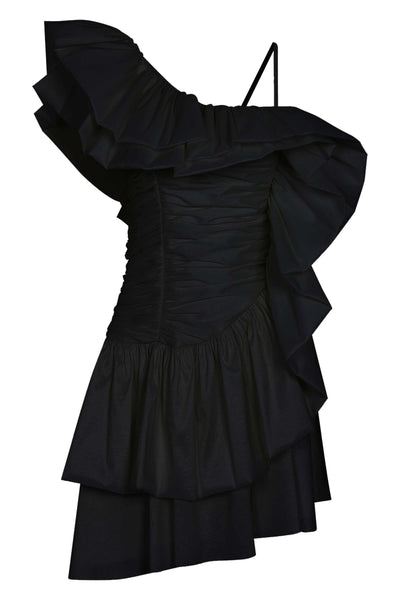 One Shoulder Draped Taffeta Dress - Black