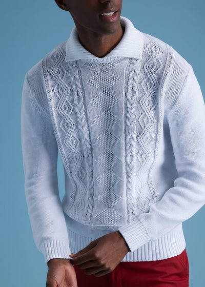 Aran Cable Mock Neck Cotton Sweater - White