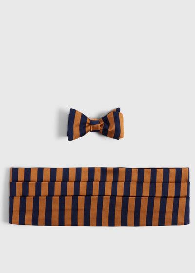 Two-Tone Striped Bow Tie and Cummerbund Set - Navy/Orange