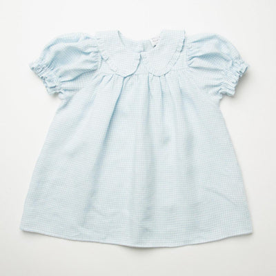 Kids Marbles Dress - Baby Blue And Milk Mini Check Linen - Dresses