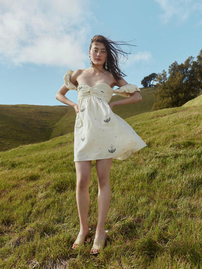 Meadow Beaded Puff Sleeve Mini Dress - Cream & Ivory Floral Beading